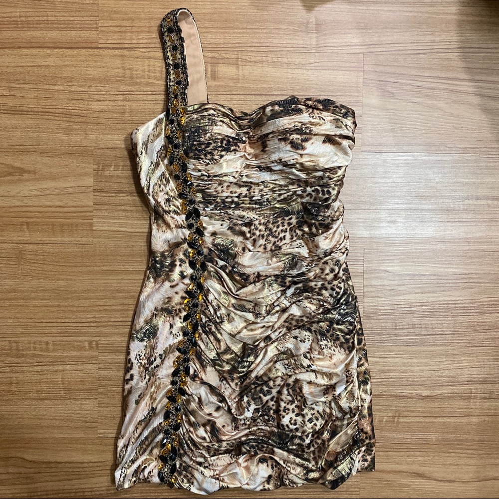 Dave & Johnny Leapard Print Rhinestone Asymmetrical Dress Size 0